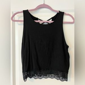 Black crop top, lattice back with lace trim Size M